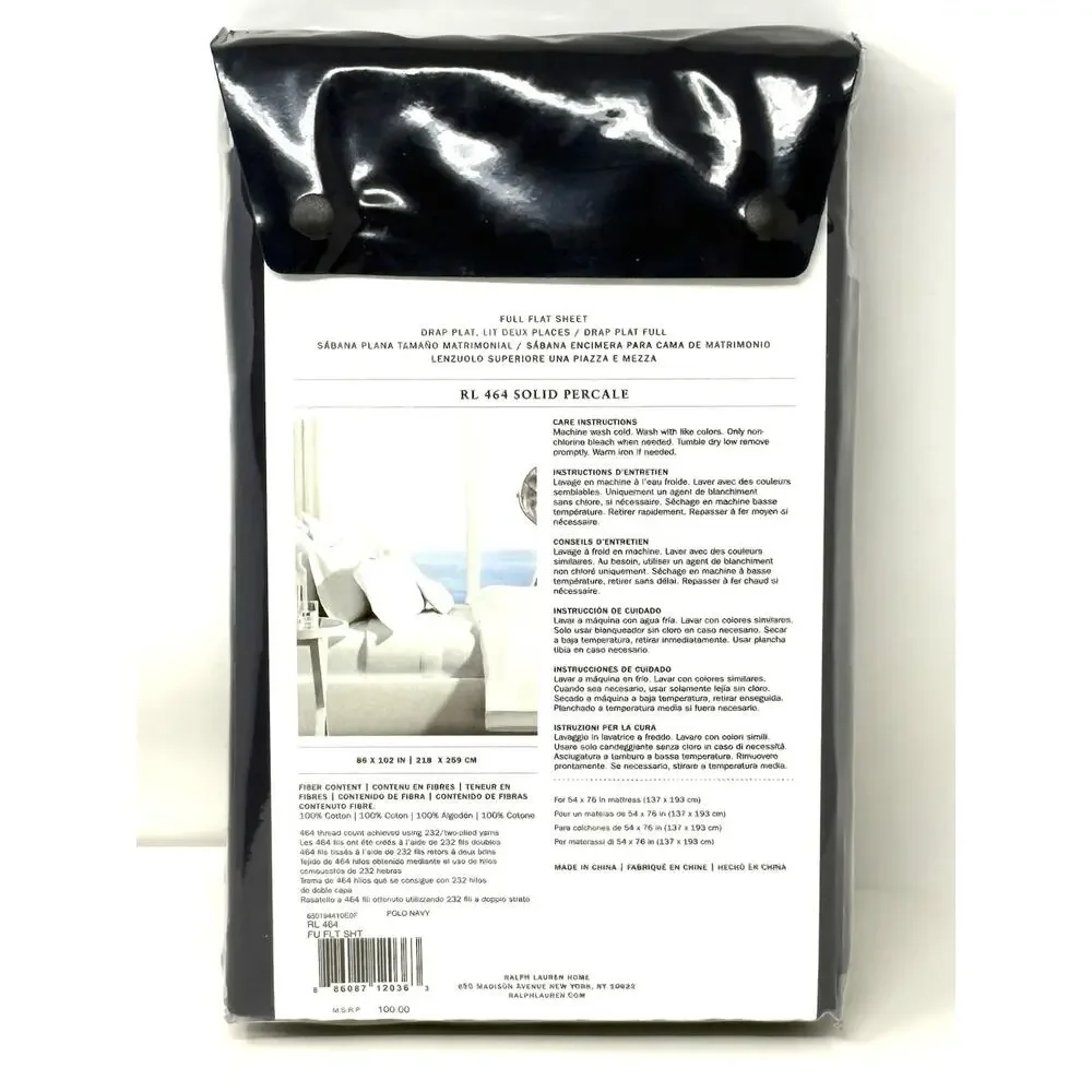 Ralph Lauren RL 464 Thread Count Full Flat Sheet Polo Navy Blue Percale Cotton